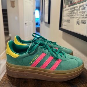 adidas Gazelle Platform Sneakers - Green with Pink and Yellow Accents